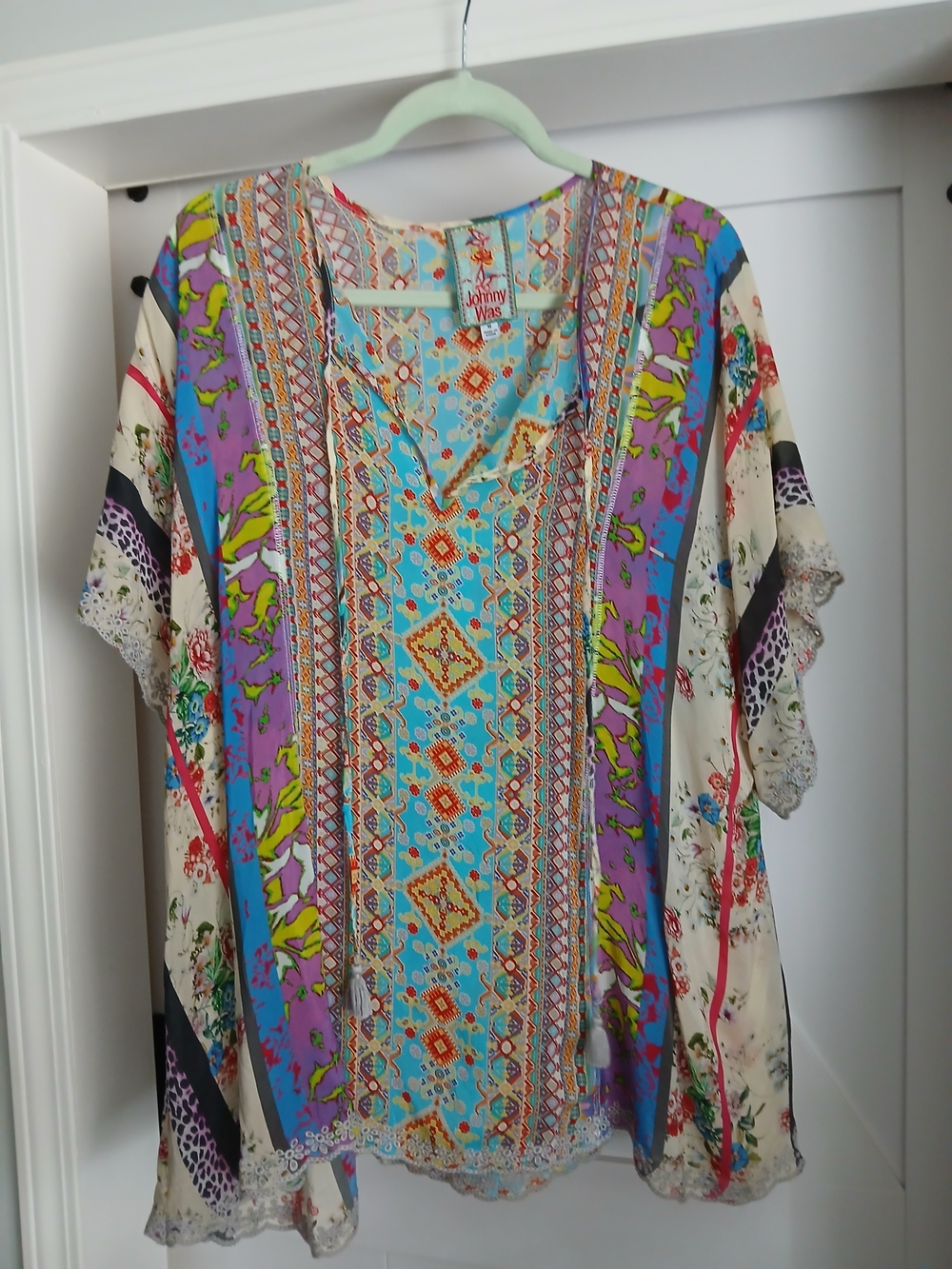Johnny Was Turquoise Purple Multi-Color Printed V-Neck Tunic